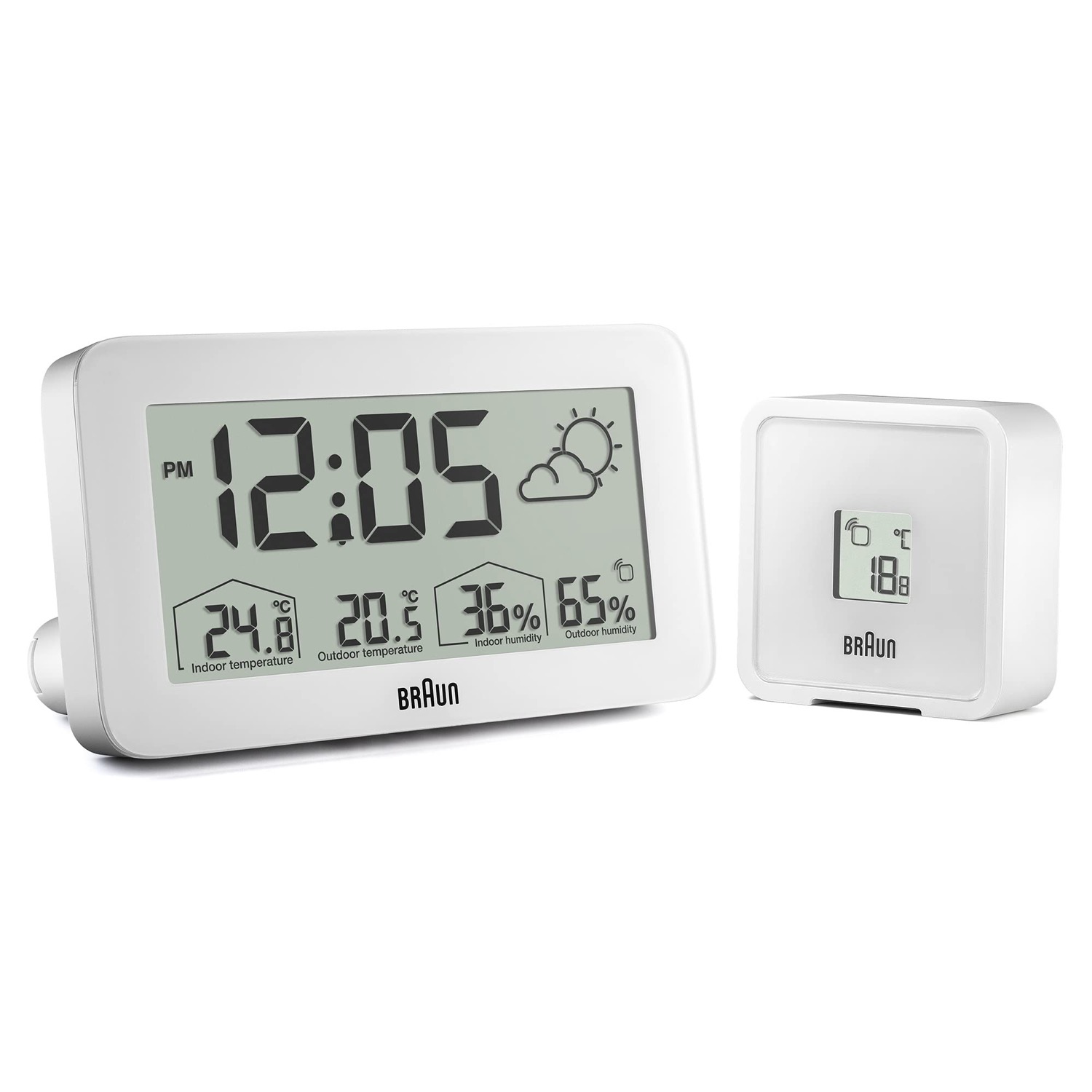 Braun BC13WP white weather station clock shown from the front