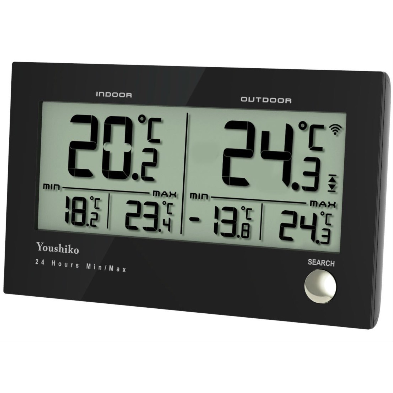 Youshiko YC9075 wireless thermometer shown from the front with bold temperature display